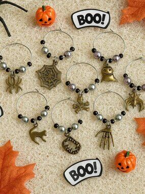 Handmade Halloween Wine Glass Charms – Set of 8 | Bronze Tone | Party Drink Mark